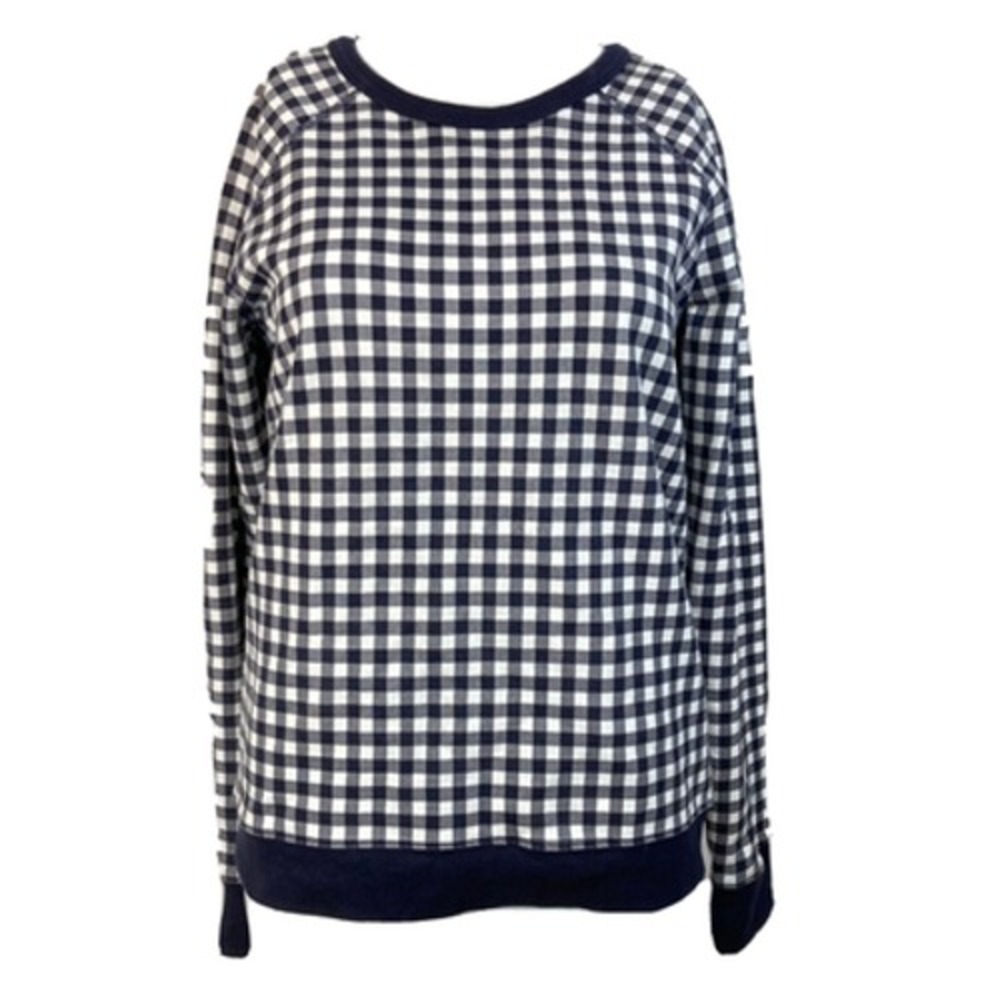 Draper James Shirt Womens Sz S Navy White Gingham Check Cotton Knit Pullover Top